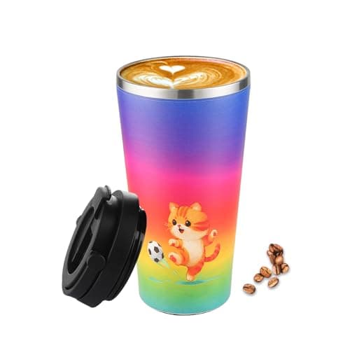 Funkrin Insulated Coffee Mug with Ceramic Coating, 16oz Iced Coffee Tumbler Cup with Flip Lid and Handle, Double Wall Vacuum Leak-Proof Travel Mug for Office School Party Camping