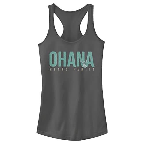 Disney Womens Lilo & Stitch Ohana Bold Slim Fit, Scoop Hem Racerback Tank T-Shirt, Charcoal, X-Small US
