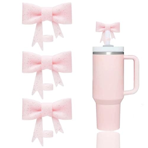 YAYAYOUNG 3 Pcs Glitter Pink Bow Straw Covers Cap Toppers Compatible with Stanley 30&40 oz Tumbler Cups,Reusable Cute Silicone StrawTips Lids Protectors for 0.4 in/10mm StanleyCups StrawAccessories