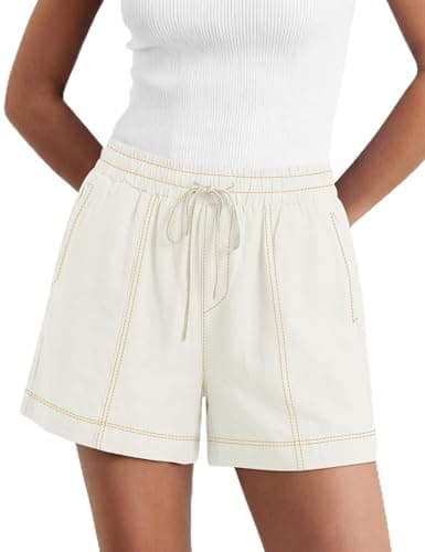 LOMON Linen Shorts for Women, Casual Shorts Womens Elastic Waisted Summer Beach Vacation White M