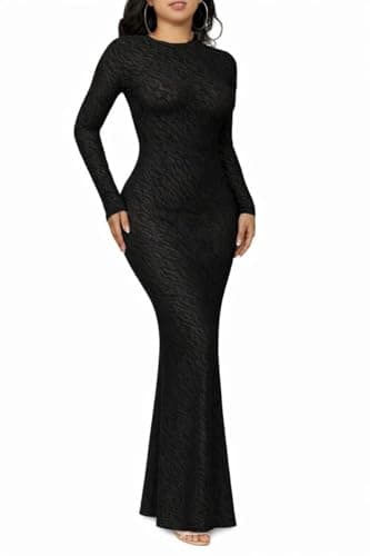 acelyn Women’s Elegant Floral Bodycon Maxi Dress Formal Long Sleeve Mock Neck Wedding Guest Party Cocktail Dress Black