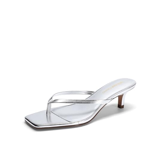 DREAM PAIRS Kitten Heels for Women Flip Flop Low Heels Square Open Toe Sandals Thong 1.97 Inch Heeled Sandals for Summer Vocation,Size 7,Silver,SDHS25001W