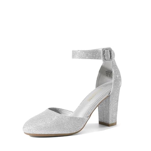 DREAM PAIRS Women's High Heel Ankle Strap Closed Toe Chunky Wedding Party Pumps Shoes,Size 6,Silver/Glitter,Angela