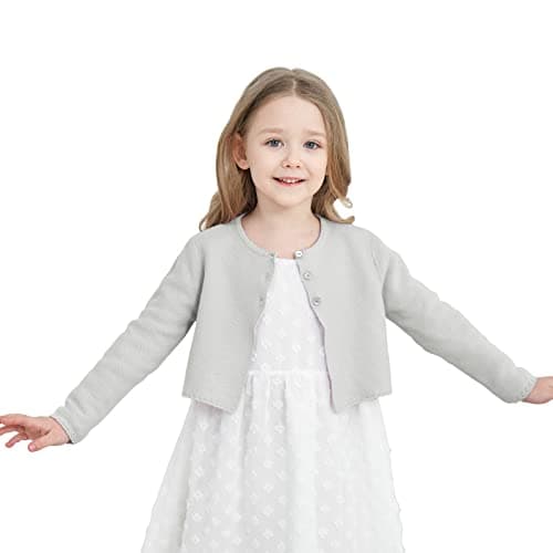TRENDSTITCH Girls’ Long Sleeve Button Down Cropped Cardigan Sweater Kids Cute Soft Knitted Bolero Shrug Dressy Tops 3-10 Years,Grey Melange,7-8