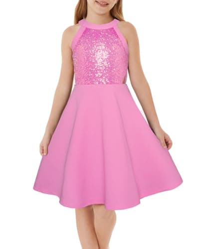 GRACE KARIN Tween Girls Dress Size 12-14 Sequin Shinny Party Dance Dresses for Girl Kids Formal Pageant Prom Midi Dress Rose Red