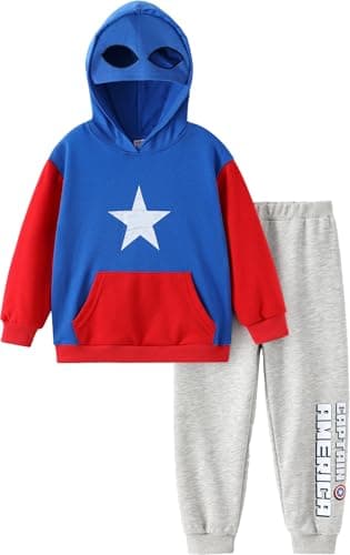 Marvel Captain America Cosplay Hoodie Jogger Pant Set Little Boy 2 Piece Outfit Avengers Themed Apparel Tracksuit Slit Pocket & Cap Embroidered Hollow Eyes Grey Pullover Sweatshirt Sweatpants 4–5 Year