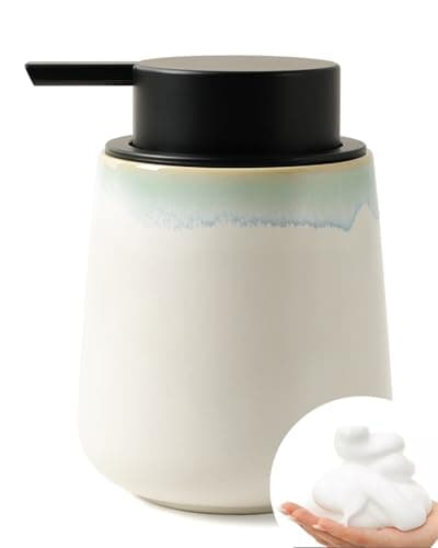 Bosilunlife Ceramic Foaming Soap Dispenser - 12Oz Bathroom Countertop Kitchen Dish Soap Pump Dispenser Foam Soap Dispenser - Matte White with Blue-Green Rim