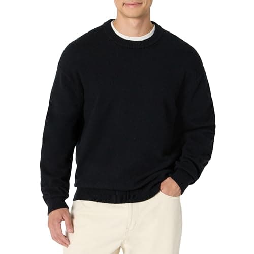 Amazon Essentials Men's Relaxed-Fit Soft Cotton Blend Textured Crewneck Pullover Sweater, Ribbed, Black, X-Small