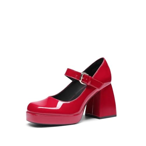 DREAM PAIRS Women's High Chunky Platform Closed Toe Mary Jane Block Heels Square Toe Strappy Dress Wedding Party Pumps Shoes,Size 6.5,Red,SDPU2331W