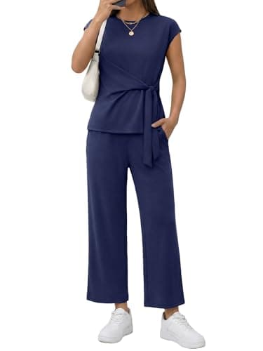 Casly Lamiit Two Piece Sets for Women Summer Airport Travel Outfits Lounge Set Teacher Outfits Cropped Wide Leg Pant Sets Navy Blue XS