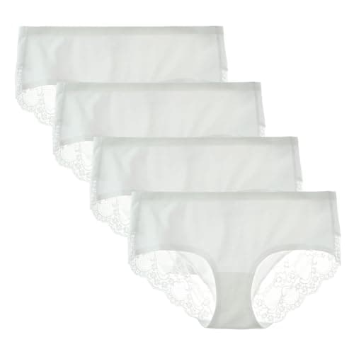 LIQQY Women's 4 Pack Cotton Lace Coverage Seamless Brief Panty Underwear Mid-Waisted Underpants (White/4Pk, Large)