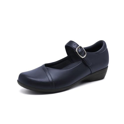 Athlefit Mary Jane Shoes Women Ballet Flats Dressy Comfortable Slip On Closed Toe Buckle Work Flats Shoes Blue Size 6