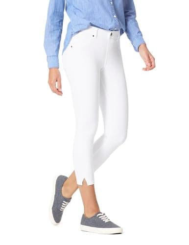 HUE Women's Essential Denim Capri Leggings with Pockets and Side Slits, Comfortable Pull On Pants, White, Medium