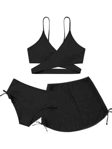 Girls 2 Piece Swimsuits with Skirts Criss Cross Swim Bathing Suits Teen Girls' Swimwear Adjustable Strap Bikini Set Black