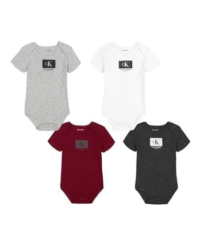 Calvin Klein Baby Boy's 4-Pack Short Sleeve Bodysuit, Red Dhalia/Platinum Heather/Bright White/Stealth Heather, 6-9 Months