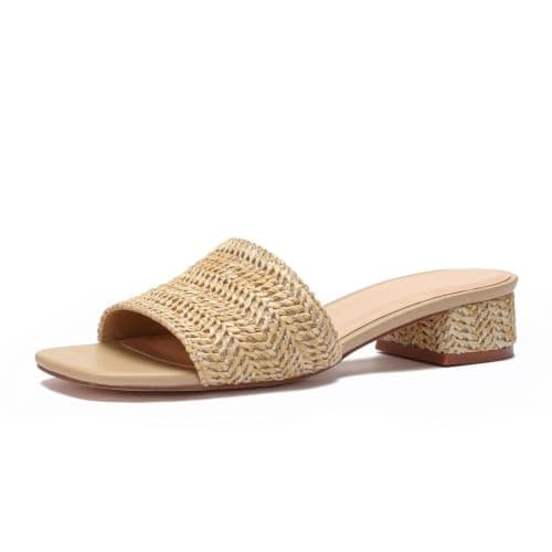VICKI·VICKI Women’s Raffia Slide Sandals, Low Heel Square Toe Open Toe Slip On Sandals for Women, Memory Foam Insole, Summer Vacation Casual Sandals Apricot Size 7.5