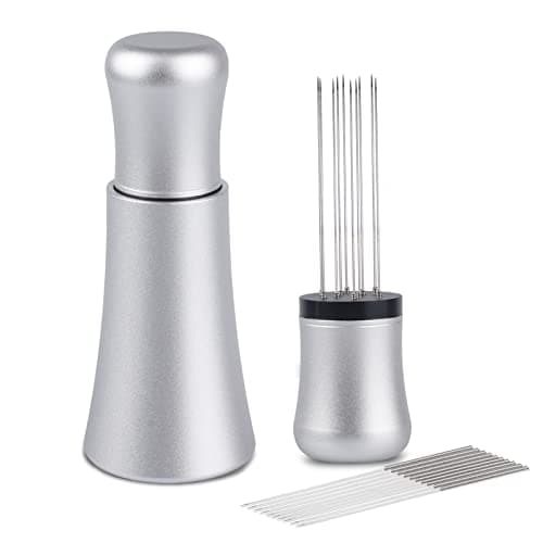 WDT tool, Espresso Distribution tools, 10 x 0.35mm 304 Stainless Steel Needles Installed with 10 Extra needles for Espresso Stirrer Replacement, Aluminum Alloy Handle with Stand (Matte Silver)