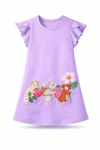 HILEELANG Little Girls Short Sleeve Easter Dress Cotton Casual Purple Mouse Applique Jersey Shirt Playwear Dresses Size 7