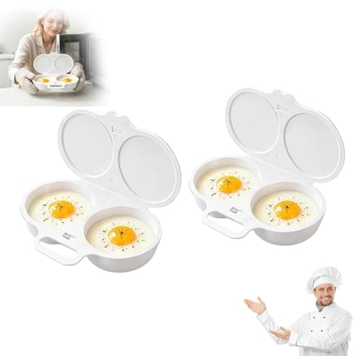 2pcs Dual Cavity Microwave Egg Poacher, White Egg Poacher, Microwave Poacher for 2 eggs, Food-Grade PP Material Microwave Egg Cooker, Portable Breakfast Maker with Lid and Easy-Grip Handle