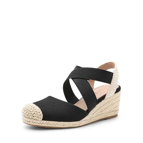 DREAM PAIRS Womens Close Toe Espadrilles Platform Slip on Elastic Criss Cross Straps Dressy Wedges Sandals,Size 8.5,Black/Beige,SDPW226W