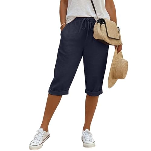 Linen Shorts for Women Bermuda Shorts for Women Knee Length Cotton Linen Elastic Waist Drawstring Summer Capris Pants with Pockets Navy