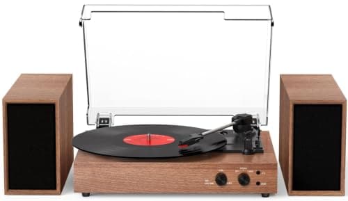 Vinyl Record Player with Dual External Speakers, Vintage 3-Speed Turntable with Stereo Speakers, Bluetooth Playback, Vinyl to MP3 PC Recoding, AUX Input & RCA Output, Walnut Wood