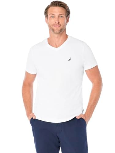 Nautica Men's Short Sleeve Solid Slim Fit V-Neck T-Shirt Shirt, Bright White, Medium