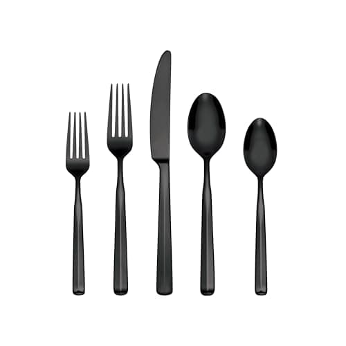 Oneida Silverware Set, Ryder Satin Black 20-Piece Flatware Set, Service For 4, 18/0 Stainless Steel, Dishwasher Safe, Cutlery Sets, Kitchen Utensils Sets, Knives Spoons And Forks (Black, 20 Pieces)