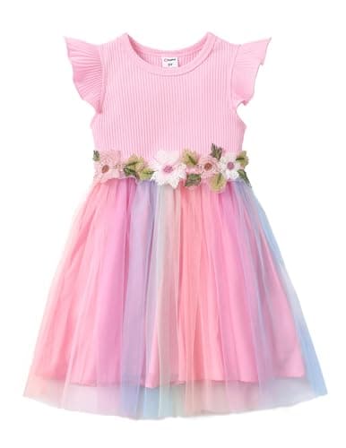 PATPAT Girl's Tulle Dress Tutu Party Birthday Poster Formal Fancy Flower Princess Dresses Pink 3 Years