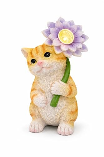 GoGnome Solar Cat Garden Statue with LED Flower for Mom Woman – 6.5‘’ Hand-Painted Resin Outdoor Kitten Figurine, Automatic Night Light, Yard Patio Lawn Decor (Kitten)