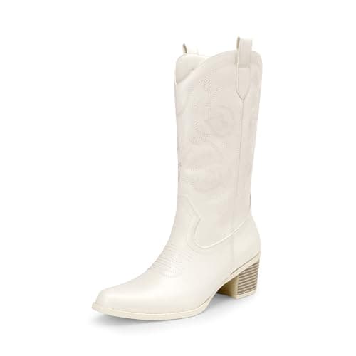 DREAM PAIRS Cowboy Boots for Women Cowgirl Western Boots Fashion Embroidery Stitched Chunky Heel Mid Calf Boots,Size 6,White-Pu,DWUMMB2504