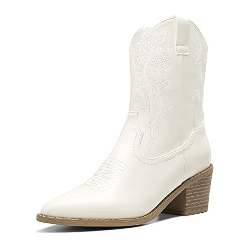 DREAM PAIRS Women's Cowboy Boots, Pointed Toe Chunky Heel Cowgirl Boots, Zipper Pull-On Stitched Western Boots Ankle Boots for Ladies,Size 6,White,SDAB2219W