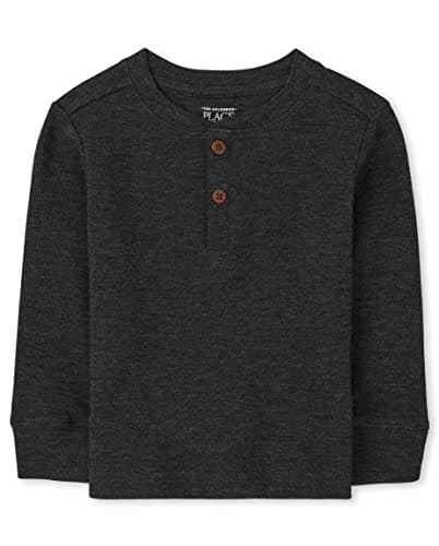 The Children's Place Baby Boys' and Toddler Long Sleeve Thermal Henley Shirt, Pitch Black, 6-9 Months