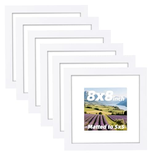 OvnDmz 6 Pcs 8x8 White Picture Frame - Display Pictures 5x5 with Mat or 8 x 8 without Mat - White Wood Picture Frames for Wall Mounting - Wooden Photo Frame for 8 8 Matted to 5x5 Print Set of 6