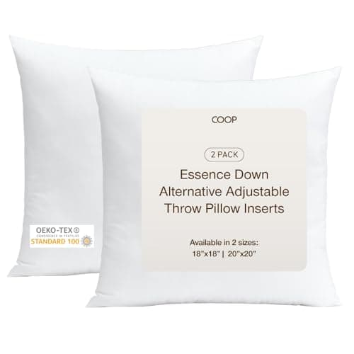 Coop Home Goods Essence Adjustable Throw Pillow Inserts 18x18, Set of 2, Adjustable Down Alternative Cushions for Couch, Bed, or Chair, Decorative Square Pillows for Living Room, Oeko-Tex Certified