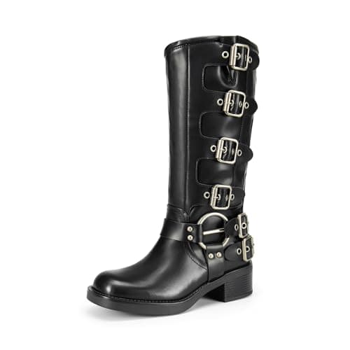 DREAM PAIRS Women's Knee High Riding Boots Side Zipper Motorcycle Boots Square Toe Chunky Heel Fashion Buckles Biker Boots,Size 6.5,Black,SDKB2416W