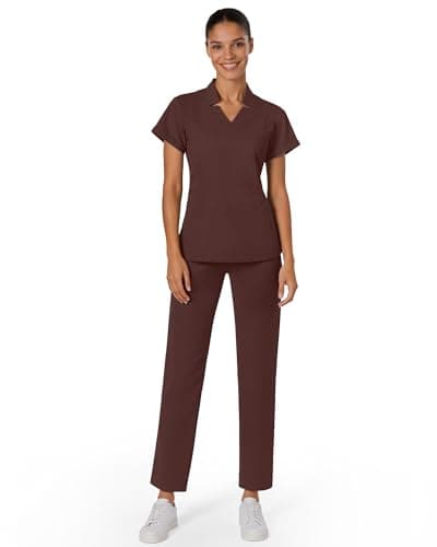 Reinwaete Medical Scrubs for Women Set - Slim fit V-neck Nurse Uniform Top & Soft Relaxed Scrub Pants for Women with 9 Pockets-Comfortable, Breathable, and Durable Women Scrub Sets-Brown-2XL