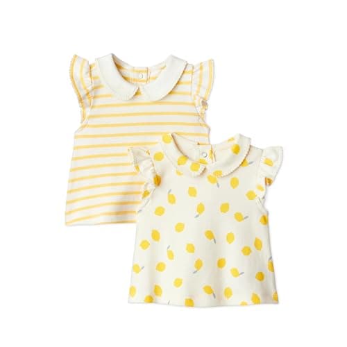 Amazon Essentials x Sofia Grainge Baby Girls' Cotton Short Sleeve Blouses with Ruffles, Pack of 2, Lemon/Uneven Stripe, 24 Months