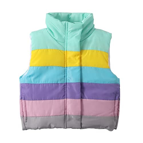 Mud Kingdom Toddler Puffer Vest Toddler Girls Rainbow Stripes Mock Neck Zipper Button Down Pockets Sleeveless Outerwear Light Green 4T