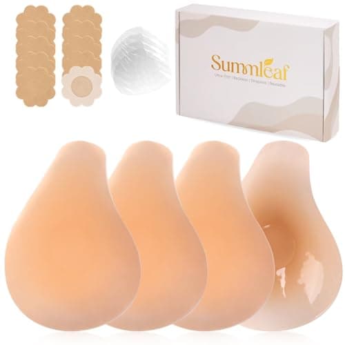 Summleaf Sticky Bra Push Up - Nipple Covers with Boob Tape,Ultra-Thin Pasties Sticky Boobs for Strapless Backless Dress,Invisible Adhesive Bras with Boomba Bra Insert Cakes Sticky Bra(2 Pairs) Creme