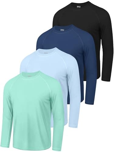 4 Pack Boys' Rash Guard Youth Neon Shirts SPF Long Sleeve Swim Shirts Quick Dry Sun Protection Swimwear for Kids Black, Mint, Dark Blue, Light Blue 9-10Y