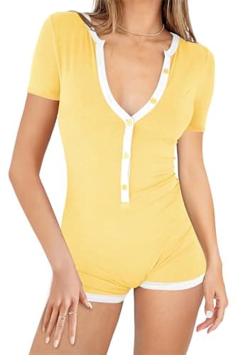 REVETRO Summer V Neck Short Sleeve Jumpsuits for Women Y2k Onesie Romper Gym Shorts Bodysuit One Piece Pajama Set
