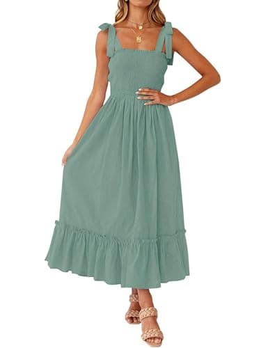 Tobrief Womens Boho Ruffle Dress,Summer Cami Sleeveless Adjustable Strap Square Neck Beach Long Dress Green S