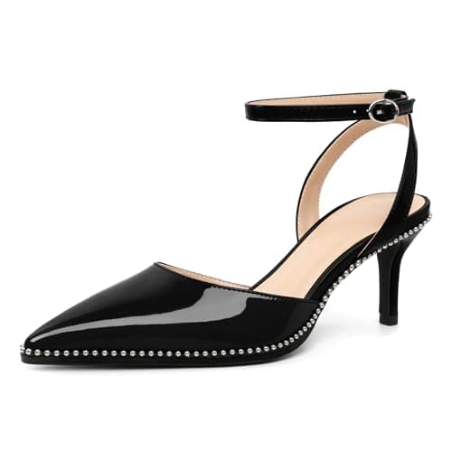 SAMMITOP Low Black Heels for Women Kitten Heel Closed Pointed Toe Ankle Strap Strappy Pumps Shoes Silver Beaded Dressy Wedding Party Patent Leather 2.4 Inch Size 8