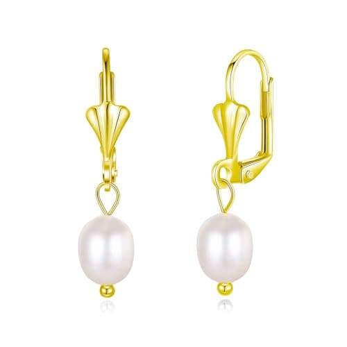 Pearl Earrings for Women Handpicked AAA+ Freshwater Cultured Pearl Leverback Drop Earrings Dangle Sterling Silver for Mother Her (Yellow Gold, Freshwater)