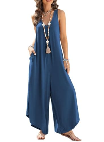 Happy Sailed Summer Jumpsuits for Women Casual Sleeveless V Neck Beach Boho Outfits Loose Fitting Stretchy Wide Leg Pants Romper with Pockets Sail Blue Medium