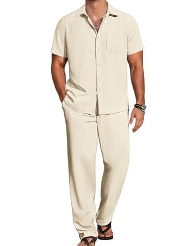 COOFANDY Men's 2 Piece Casual Beach Set Button Down Shirt and Loose Pants