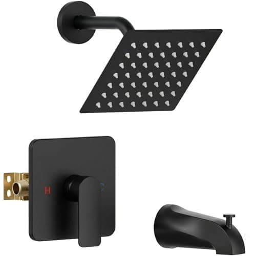 Shower Faucet Set Bathtub Faucet Set with Valve Included Shower Valve Kit with All-Metal High Flow Tub Spout,6 Inch High Pressure Head,Solid Brass Valve Body and Metal Handle Trim,Black