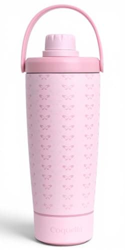 Coquella Elanelle 20oz Insulated Stainless Steel Shaker Bottle with Storage Base, Strainer Lid Protein Shaker Cup for Gym, Ball-Free Quiet Mixing, Carry Handle, BPA-Free, Pink (Candy Bow)