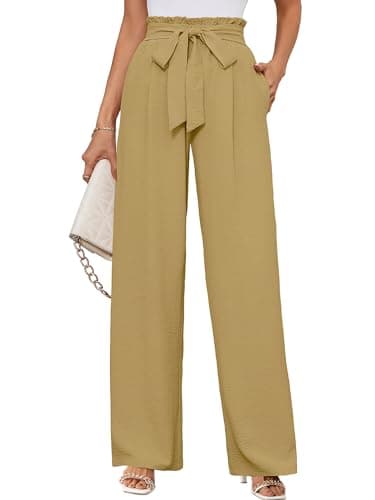 KORSIS Women's Lounge Pants Wide Leg Trousers Lightweight High Waisted Loose Casual Work Elastic Pants with Pockets Khaki Large